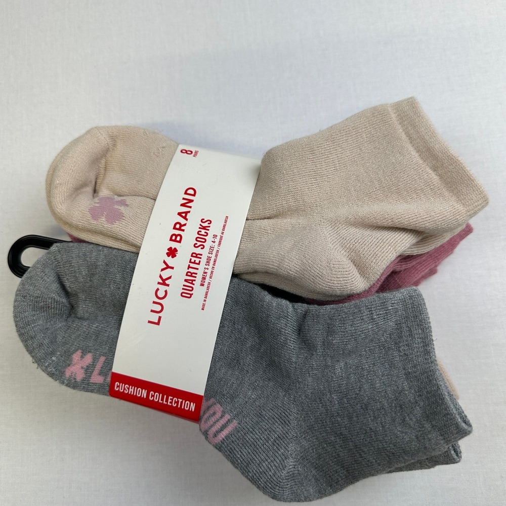 Lucky Brand Quarter Socks 8 Pack Dusty Pink Gray Cream Womens 4-10